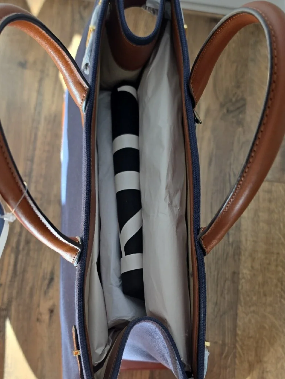 Lauren Ralph Lauren Navy Canvas Tote with Brown Leather Trim & Handles